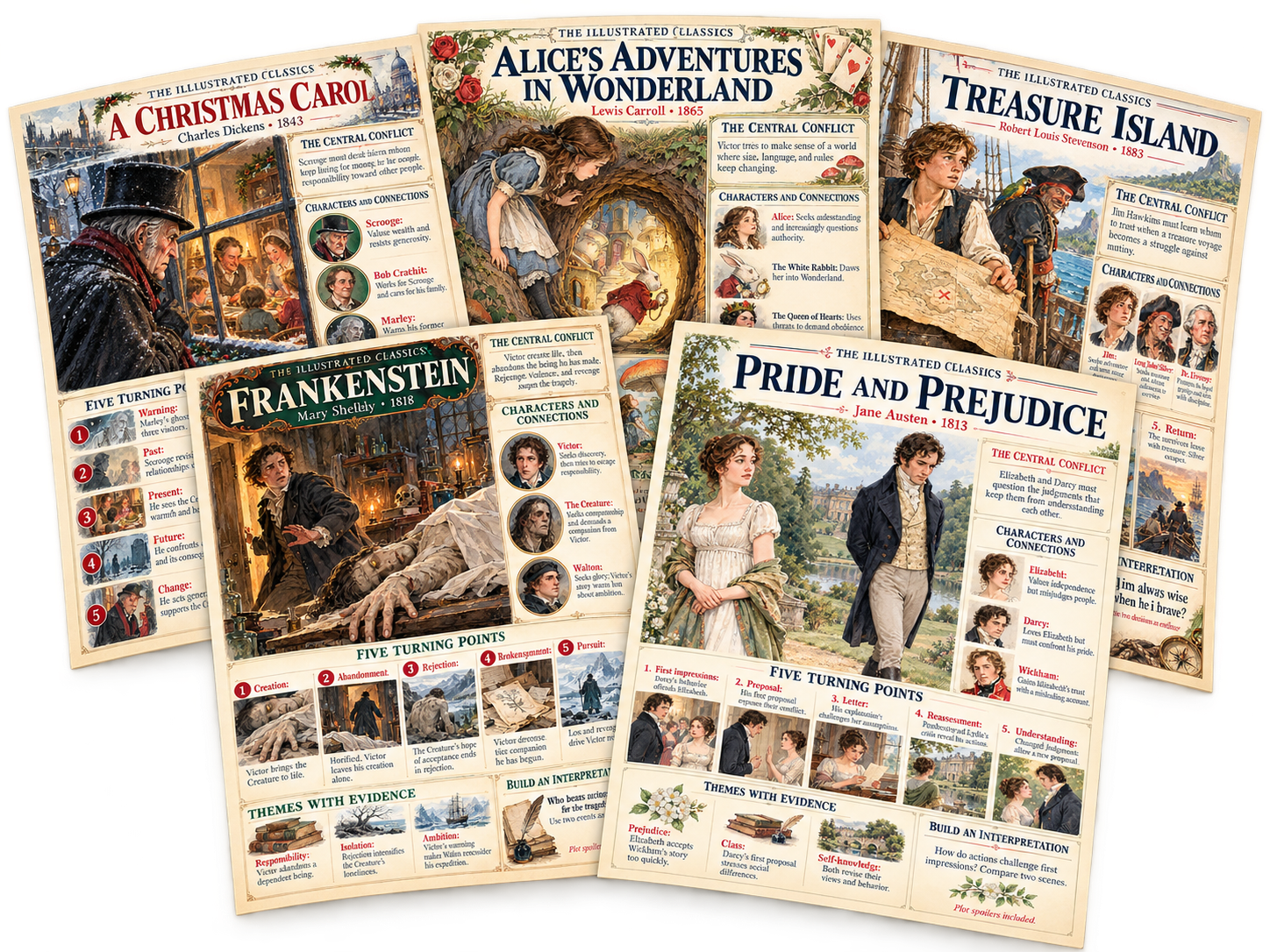 Five real Illustrated Classics pages presented as physical printed sheets: Frankenstein, A Christmas Carol, Pride and Prejudice, Alice’s Adventures in Wonderland and Treasure Island